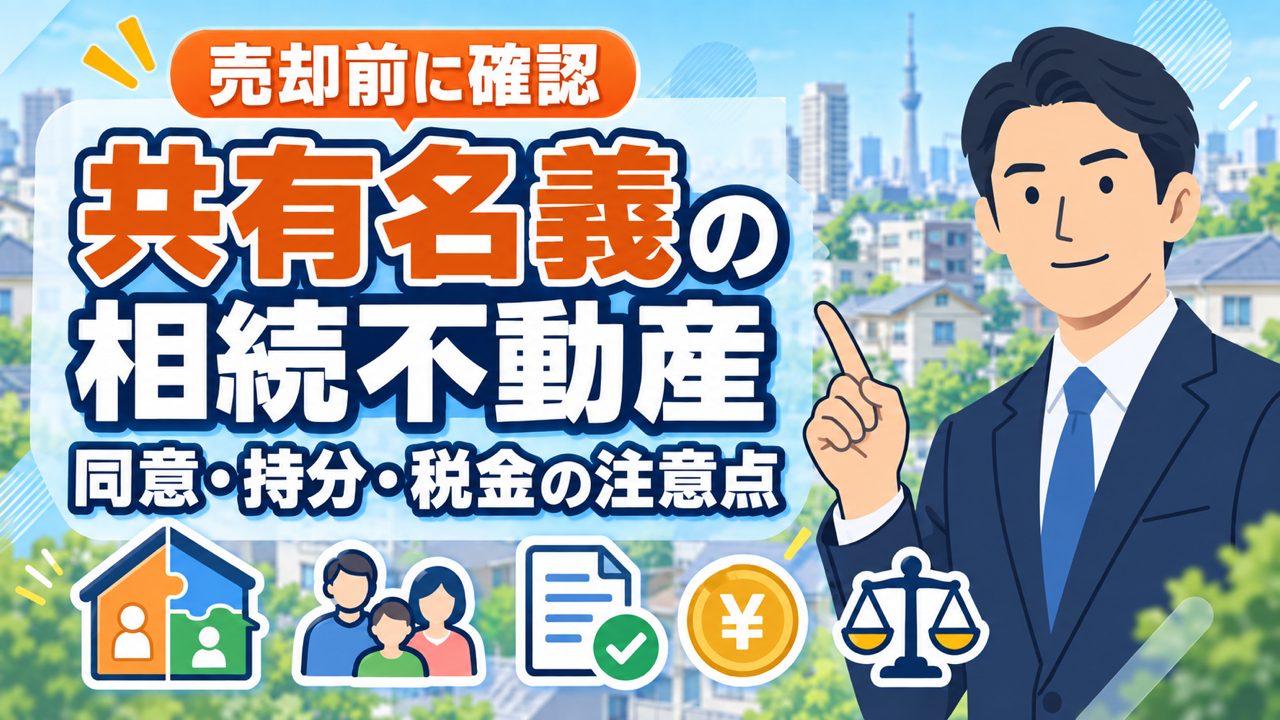 共有名義の相続不動産を売却する際の注意点を解説するイラスト